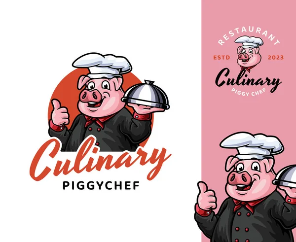 Piggy Chef Mascotte Logo Design Divertente Giocosa Mascotte Dei Cartoni — Vettoriale Stock
