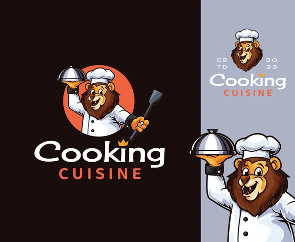 Lion Chef Μασκότ Σχεδιασμός Λογότυπου Διασκέδαση Και Παιχνιδιάρικο Μασκότ Κινουμένων — Διανυσματικό Αρχείο