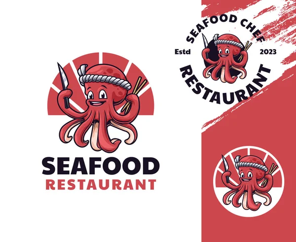 Octopus Chef Mascot Logo Design 재미있고 장난기있는 마스코트는 비즈니스와 브랜드에 — 스톡 벡터