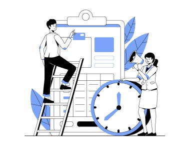 Etkili zaman yönetimi tasviri. Stratejik planlar, görevler, etkinlikler ve iş toplantısı programlarını yönet. Yapılacaklar listesi ve iş geliştirme planı