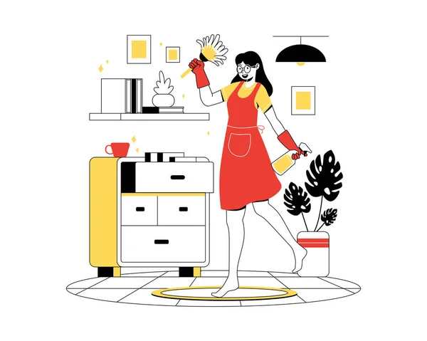 Μια Γυναίκα Νοικοκυρά Κάνει Διάφορες Δουλειές Του Σπιτιού Εικόνα Διανύσματος — Διανυσματικό Αρχείο