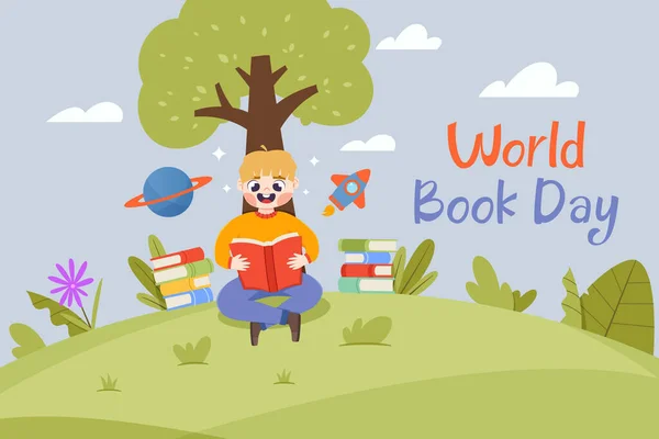 Het Gelukkige Kind Leest Boeken Boek Stapel Geïsoleerde Vector Illustratie — Stockvector