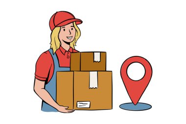 Teslimat işçisi karakter çizimi. Paket kutusu taşıyan mutlu kadın kurye, hızlı online teslimat servisi.