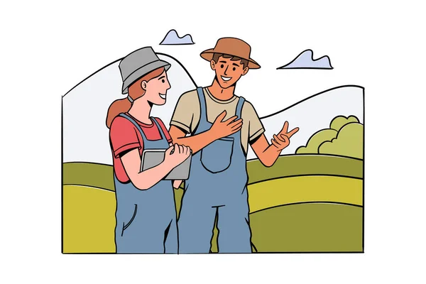 Έξυπνη Απεικόνιση Έννοιας Γεωργίας Αγρότης Ταμπλέτα Κατάσταση Τομέα Παρακολούθησης Αγρότης — Διανυσματικό Αρχείο
