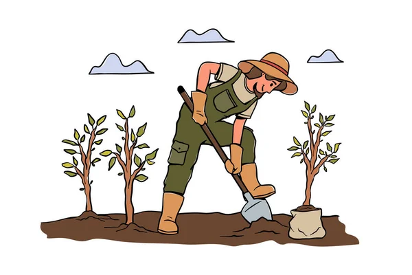 Γυναίκα Αγρότισσα Που Δουλεύει Φάρμα Φυτεύοντας Δέντρα Και Σπορά Διανυσματική — Διανυσματικό Αρχείο