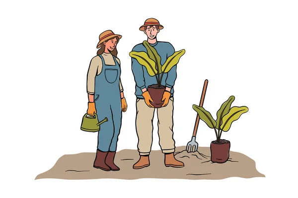 Lidé Zahradničení Zemědělci Zahradničení Zahradním Nářadím Muži Ženy Zahradníci Ručně — Stockový vektor