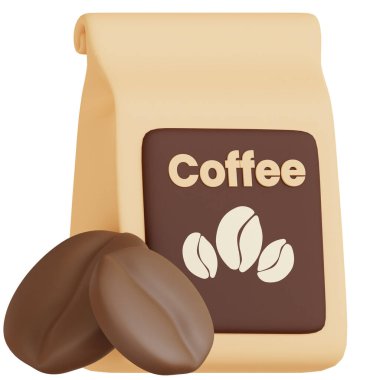 Kahve çekirdekleri içeren kahverengi kese kağıdının 3 boyutlu çizimi