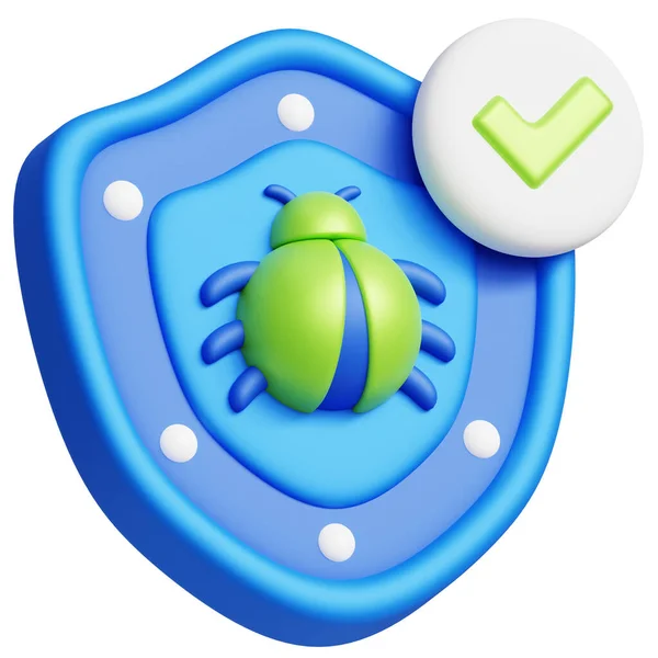 Security shield with virus symbol bug, and checkmarks. Internet security concept, 3D rendering illustration