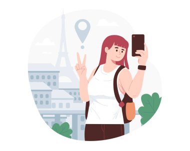 Turist etkinliklerinde selfie çeken kadın turistler. Tatil ve turizm konsepti çizimi