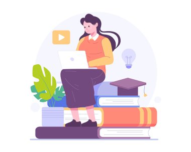 Öğrenciler evde online öğreniyor. Genç kadınlar dizüstü bilgisayarlarıyla kitapların üzerinde oturup öğreniyor ve eğitiyor. Çevrimiçi eğitim vektörü illüstrasyonu