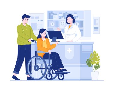 Doktor eczacı bir eczanede hastaya danışmanlık yapıyor. Tezgahta gülümseyen eczacı, müşterilere uyuşturucu satıyor. Vektör illüstrasyonu