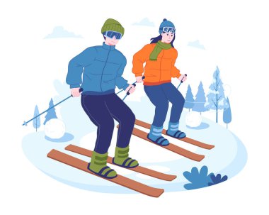 İnsanlar kış sporlarını sever. Erkek ve dişi bir yamaçtan aşağı kayıyorlar. Kış dağ sporları etkinliği, Vektör illüstrasyonu