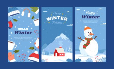 Sosyal medya hikayeleri için kış tatili geçmişleri. Kış Instagram Hikayeleri Koleksiyonu, Kış Satışı Sosyal medya tanıtım Postası Şablonu. Vektör şablonu