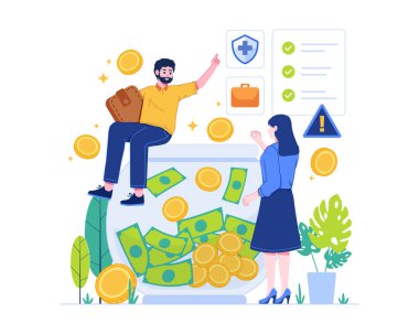 Acil durum fonu için para biriktiriyorum. Acil durum fonu kavramı, finans sigortası, para rezervi ve tazminat. Finansal okur yazarlık illüstrasyonu