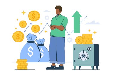 Yatırım başarısı ve güvenli ekonomik fon mevduat stratejisi. Kapalı banka kasası, kiralık kasada ve çantada dolar, depozito, nakit para. Vektör illüstrasyonu