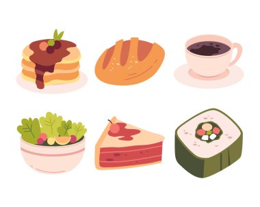 Yemek ve içecek çizgi film elemanları koleksiyonu. Fast food vektör simgesi ayarlandı