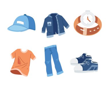 Giysi ve aksesuar vektörü ayarlandı. Giysiler, aksesuarlar, moda ve tarz. Vektör illüstrasyonu beyaz arkaplanda izole edildi