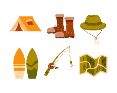 Kamp ve açık hava eğlencesi seti. Eğlence, spor ve açık hava aktiviteleri. Vektör illüstrasyonu beyaz arkaplanda izole edildi