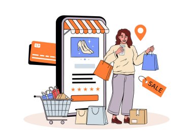 Alışveriş torbaları taşıyan bir kadın telefon ekranının yanında.