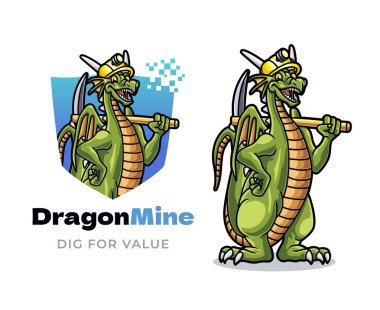 A powerful dragon wearing a hard hat and carrying a pickaxe for mining clipart