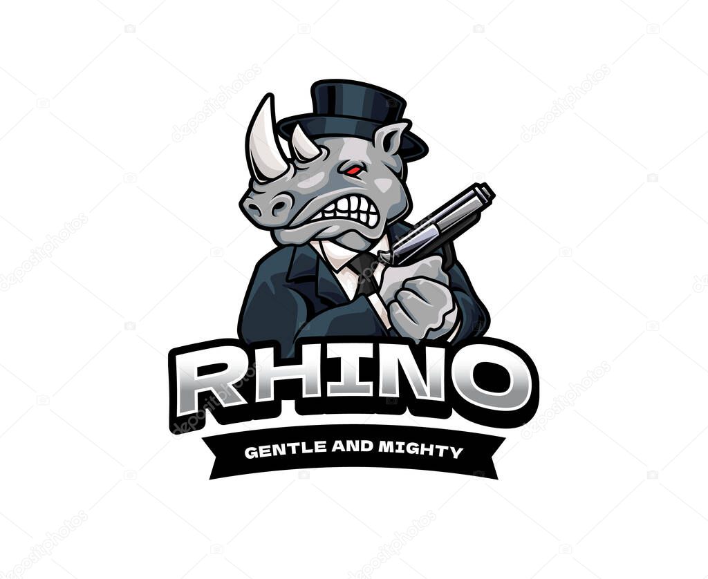 Cartoon vector rhino in a pinstripe suit and fedora holds a vintage pistol, giving a playful gangster vibe ideal for games or comics