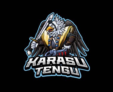 Karga gibi özellikleri olan vahşi, kanatlı bir dağ ruhu. Japon folklor yaratığı, maskot vektör illüstrasyonu