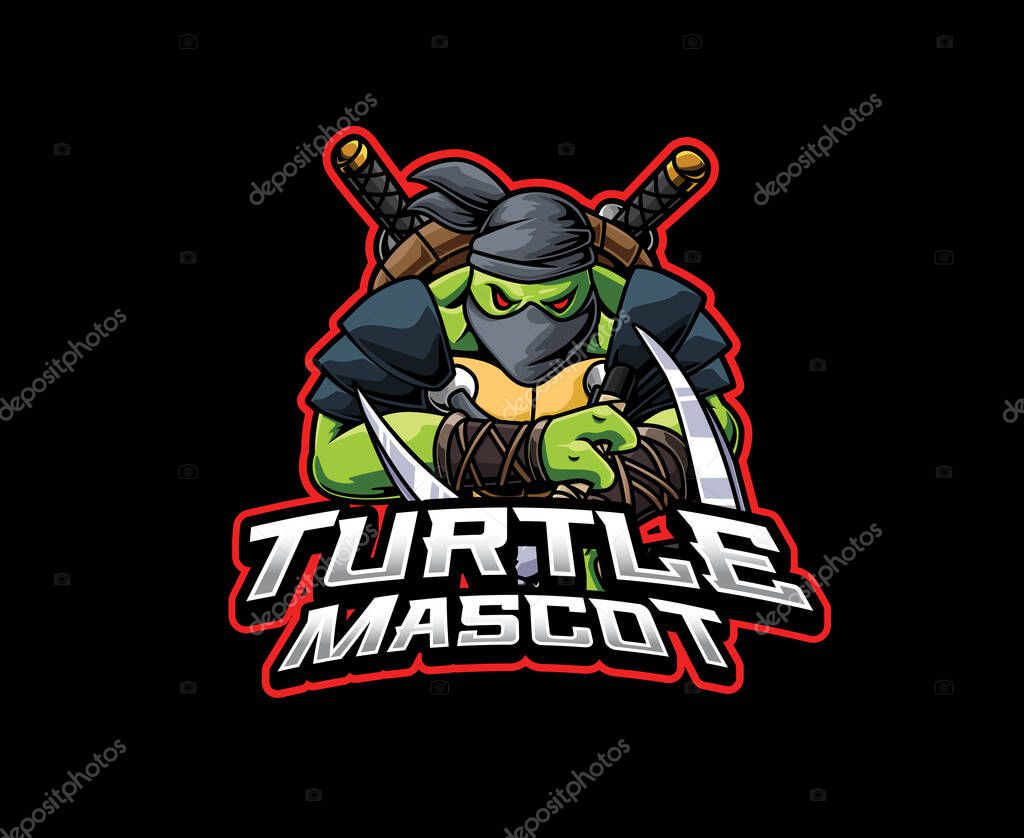 A strong green turtle clad in ninja armor, wielding martial arts weapons and ready for action. Vector mascot illustration