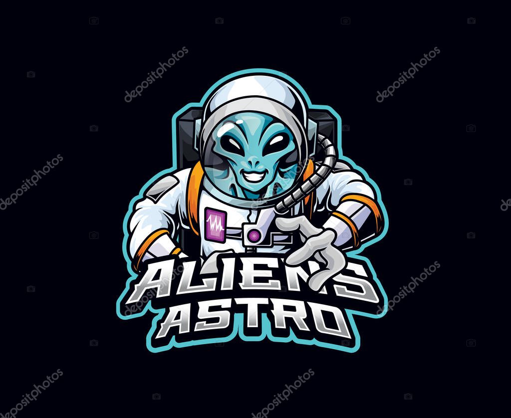 Alien wearing a futuristic astronaut suit in space. Vector mascot illustration