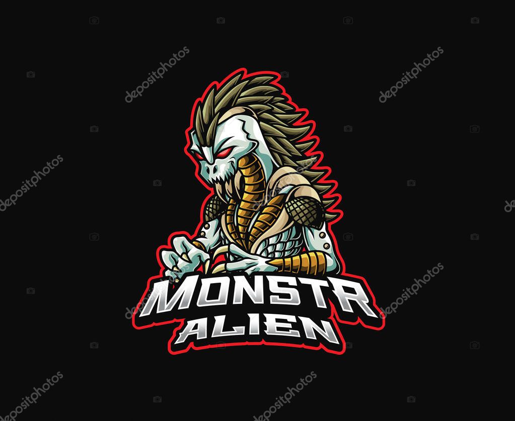 A ferocious alien monster with sharp claws and glowing red eyes. Vector mascot illustration