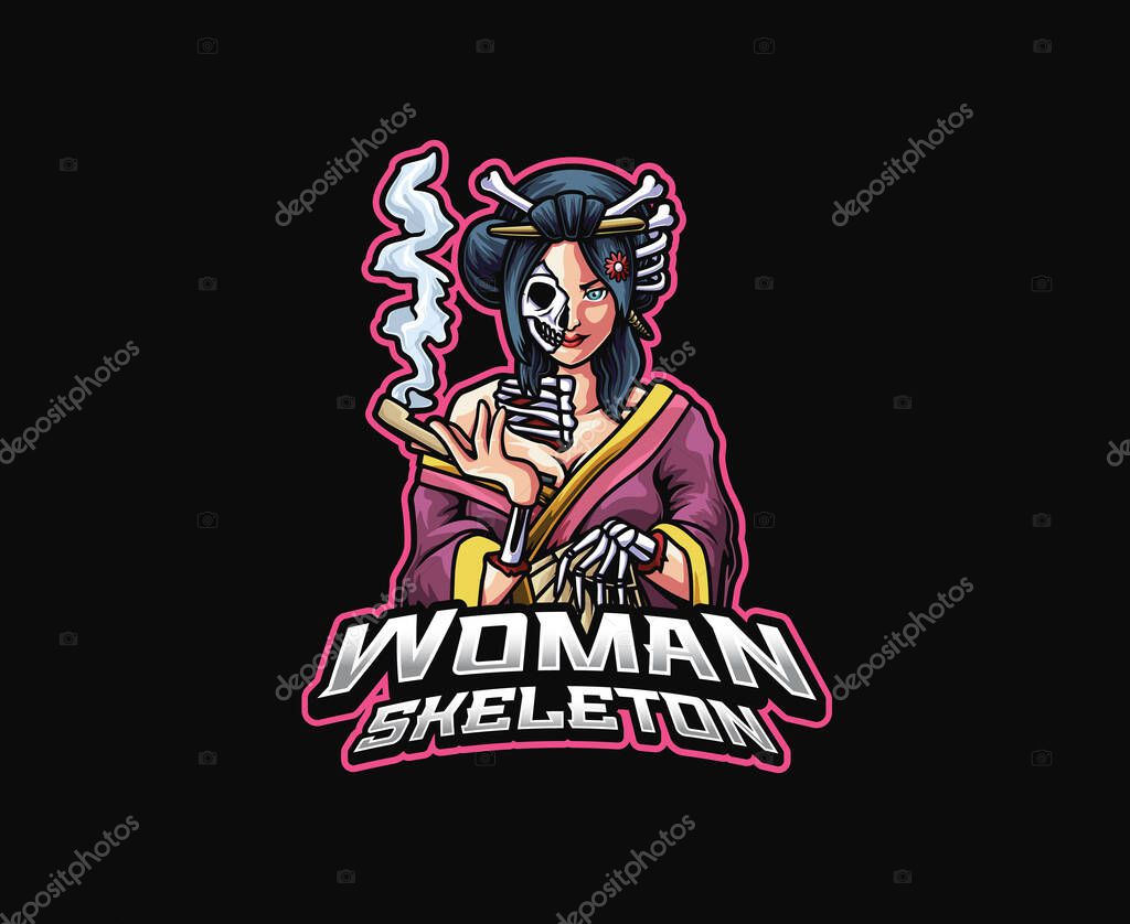 A haunting skeleton geisha Hone-onna, Japanese folklore wearing a kimono. Mascot vector illustration