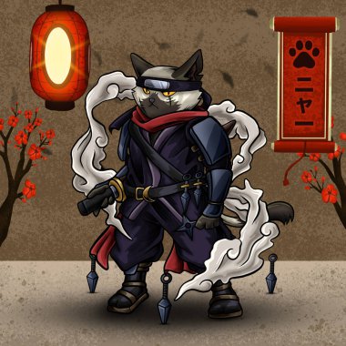 Geleneksel bir Japon avlusunda dumanların arasında sinsi bir kedi ninjası tasviri