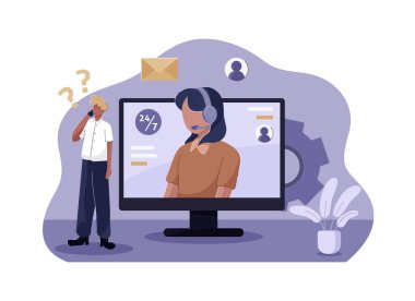 Müşteri arama yaparken bir servis ajanı arkalarındaki büyük monitörden cevap veriyor. Müşteri hizmeti vektör illüstrasyonu