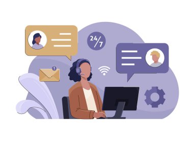 Bilgisayarın başındaki ajan bir müşteriyle dostça çevrimiçi destek sohbeti yapıyor. Müşteri hizmeti vektör illüstrasyonu