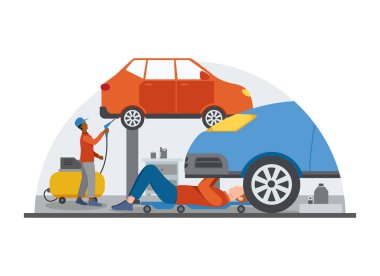 Ekip araçlar ve ekipmanlarla asansörde araba tamir ediyor. Garaj konsepti, araba servisi illüstrasyonu