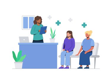 Klinik resepsiyon bekleme salonu. Hastalar resepsiyona kayıt yaptırıyor, hamile bir kadın sırada bekliyor. Sağlık hizmetleri illüstrasyonu