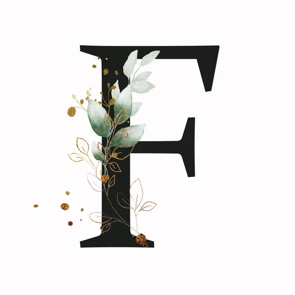 大写字母F装饰着绿色和金色的叶子涂鸦 英文字中带有花卉装饰的字母 — 图库照片