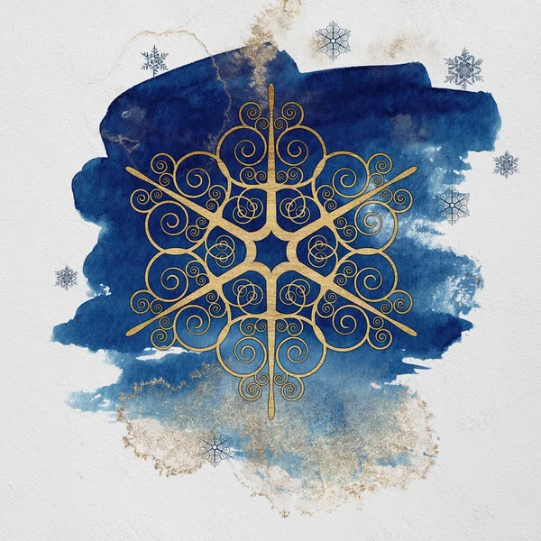 Золотая Снежинка Синем Акварельном Фоне Изысканные Рождественские Открытки — стоковое фото