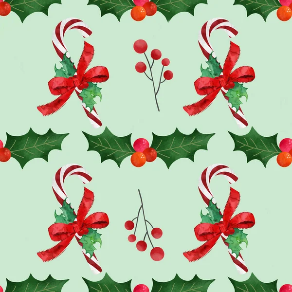 绿色背景下的圣诞糖果手杖 无缝图案 — 图库照片