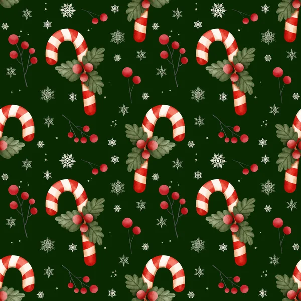 绿色背景下的圣诞糖果手杖 无缝图案 — 图库照片