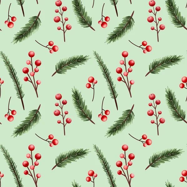 无缝隙的背景与水色冷杉枝条和浆果涂鸦 明亮的背景 用于制作纺织品 纸张的奢华图案 圣诞及冬季花卉图解 — 图库照片