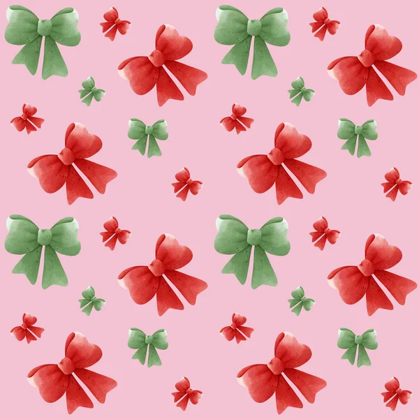 无缝线图案 红色和绿色蝴蝶结 纺织品缝纫印花 生日礼物面料包装纸装饰的中性设计 — 图库照片