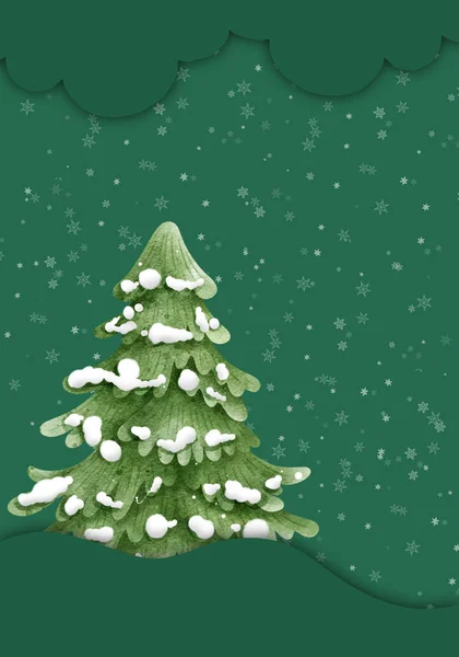 Karácsonyfa Hóval Borított Rajzfilm Stílusban Téli Táj Karácsonyi Kártya — Stock Fotó