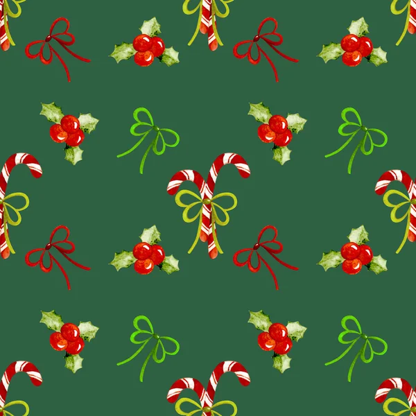 圣诞糖果手杖和绿色背景的冬青浆果 无缝图案 — 图库照片