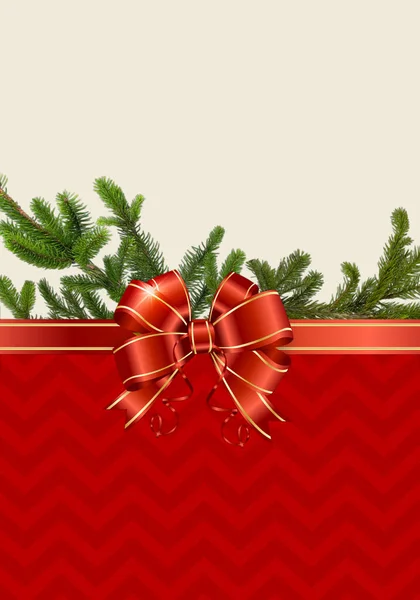 Červená Stuha Luk Jedlovými Větvemi Vánoční Pozadí — Stock fotografie