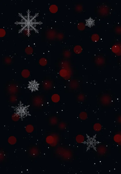 Festliches Rotes Bokeh Und Weiße Schneeflocken Auf Schwarzem Hintergrund Weihnachtlicher — Stockfoto