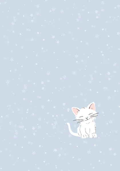 Lindo Gato Blanco Dibujos Animados Nieve Tarjeta Felicitación Vacaciones — Foto de Stock