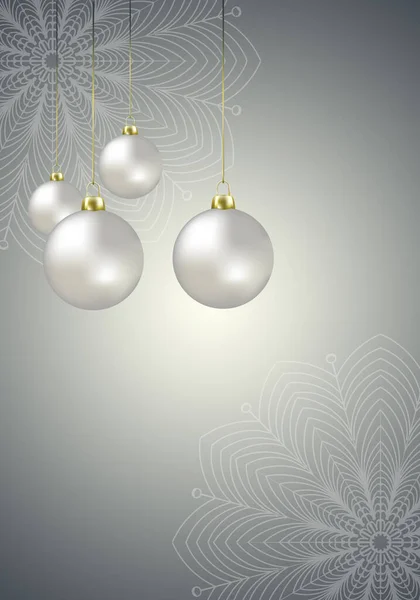 Weihnachtskugeln Realistische Hängende Weiße Weihnachtskugeln Auf Grauem Hintergrund Mit Mandala — Stockfoto