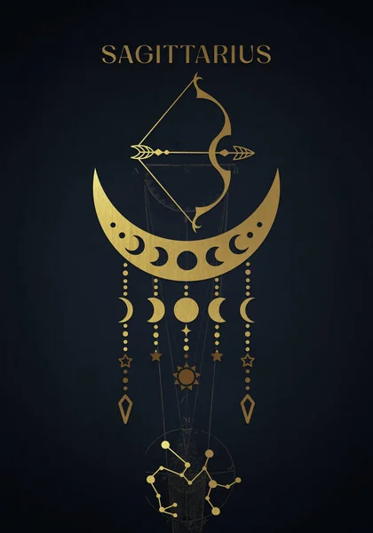 暗い正方形の背景に黄金の星座射手座の星座 占星術の星座と現代の魔法の魔術カード 干支の特徴 — ストック写真