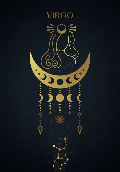 暗い正方形の背景に黄金の黄道帯乙女座の星占いサイン 占星術の星座と現代の魔法の魔術カード 干支の特徴 — ストック写真