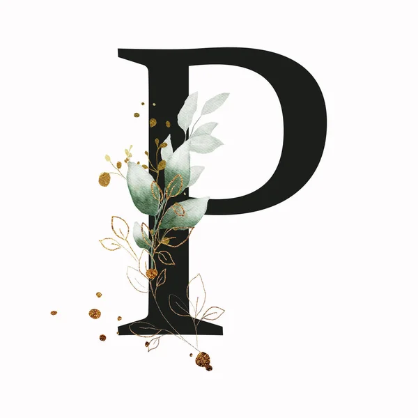 大写字母P装饰着绿色和金色的叶子涂鸦 英文字中带有花卉装饰的字母 — 图库照片